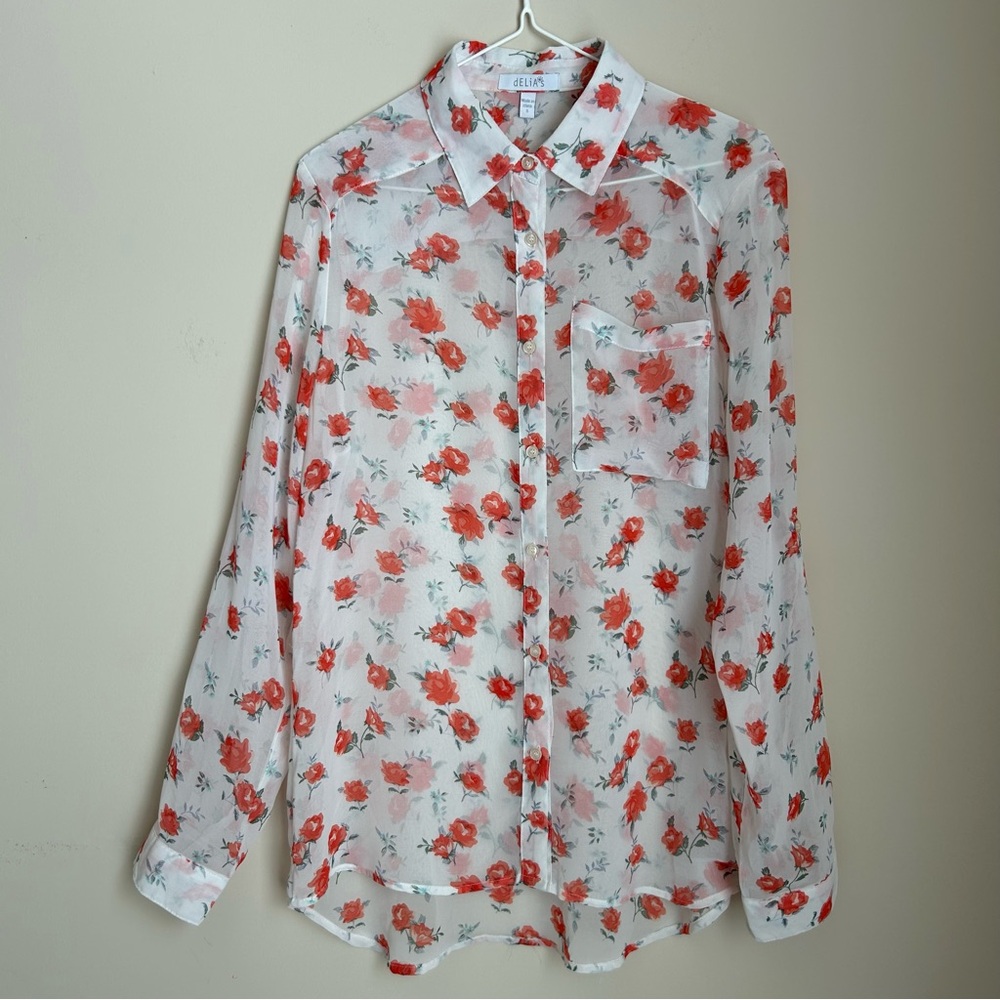 Delia's Sheer Floral Print Collared Long Sleeve Button Down Top Shirt Blouse SzS